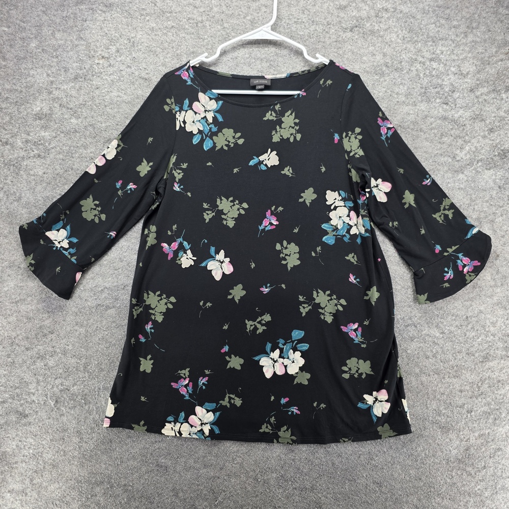 J. Jill Blouse Tunic Womens M Black Floral 3/4 Sleeve Scoop Neck Jersey Stretch